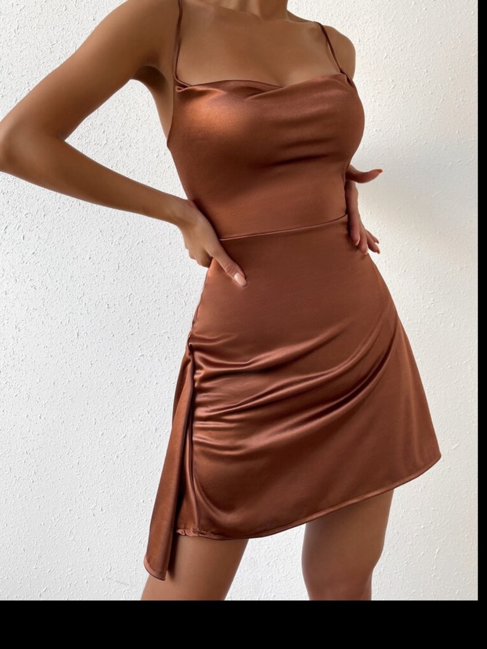 SHEIN Copper Satin Cowl Neck Mini Dress